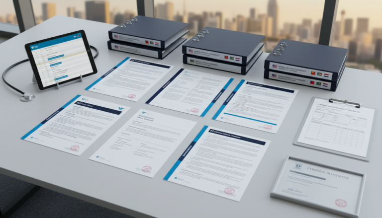 Modern desk with multilingual medical documents, tablet, stethoscope, Singapore skyline view.