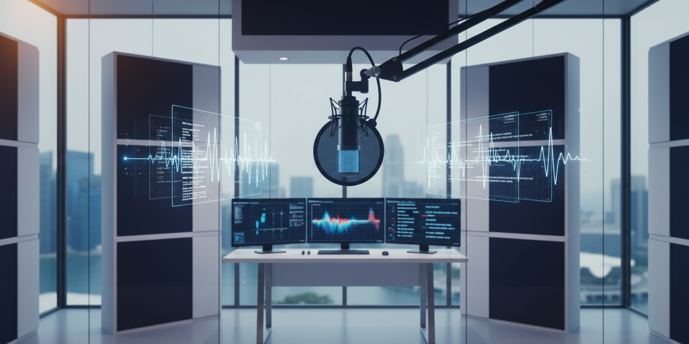 Modern recording booth with microphone, digital waveforms, multilingual data, Marina Bay skyline backdrop.