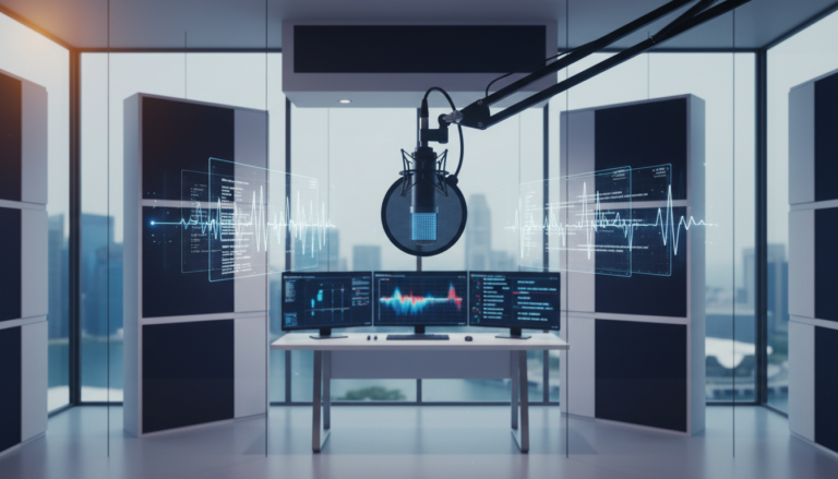 Modern recording booth with microphone, digital waveforms, multilingual data, Marina Bay skyline backdrop.
