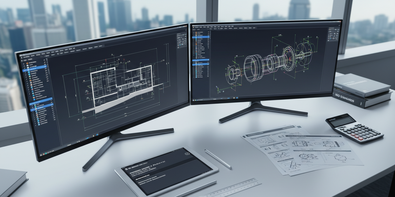 Modern workspace with dual monitors showing CAD blueprints, tablet, drafting tools, and cityscape view.