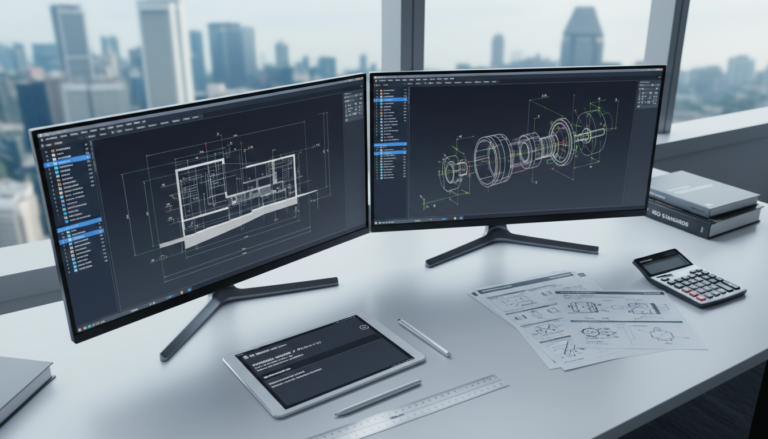 Modern workspace with dual monitors showing CAD blueprints, tablet, drafting tools, and cityscape view.
