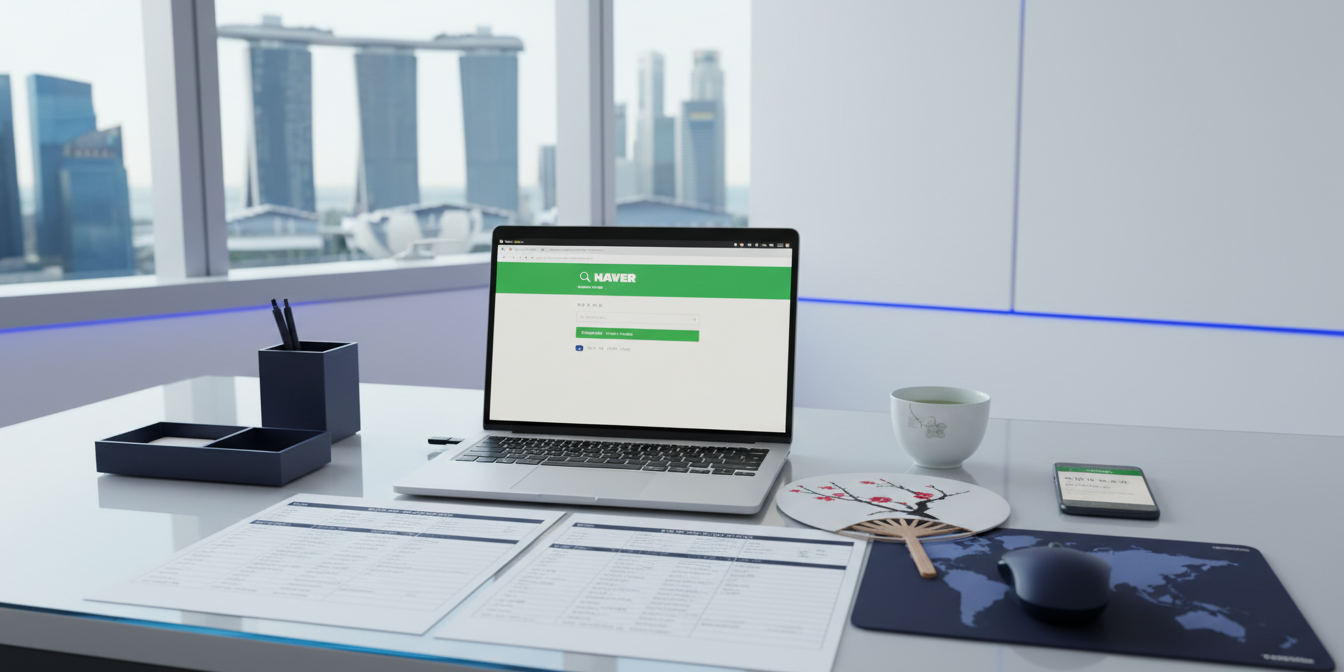 Modern workspace with laptop showing Naver, Korean fan, tea cup, Marina Bay view.