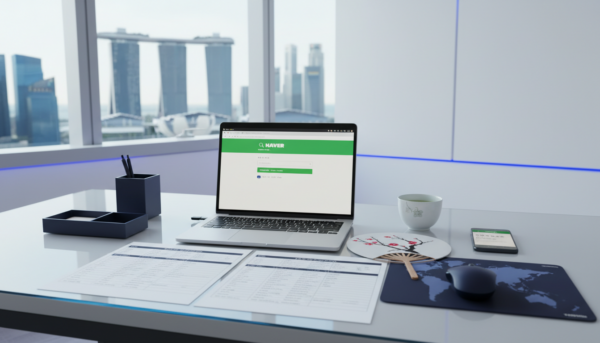 Modern workspace with laptop showing Naver, Korean fan, tea cup, Marina Bay view.