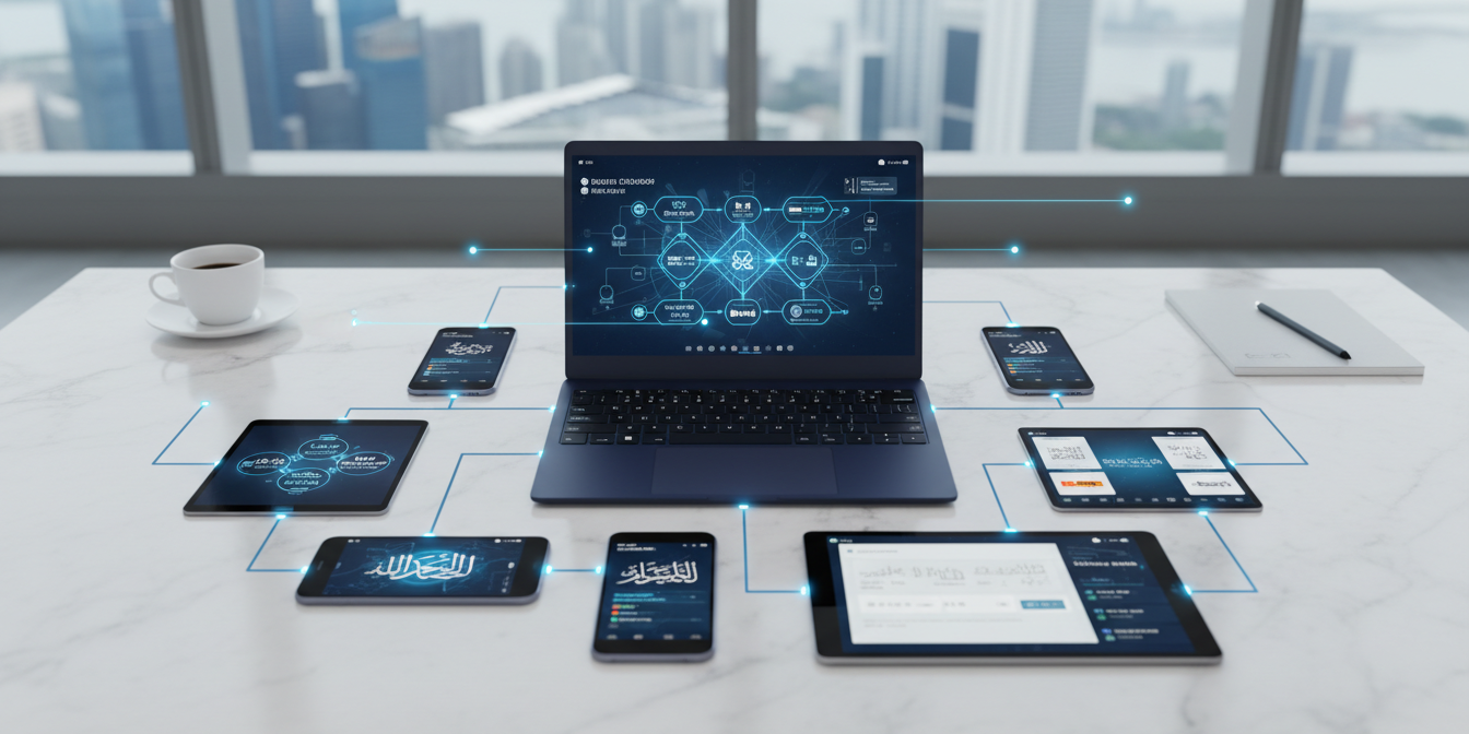 Modern workspace with laptop, smartphones, and tablets displaying multilingual interfaces, glowing blue connections on white marble desk, Singapore skyline in background.