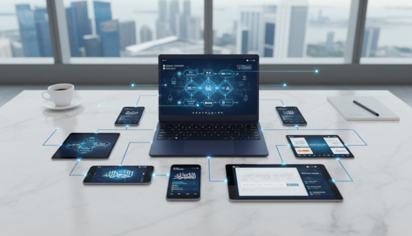 Modern workspace with laptop, smartphones, and tablets displaying multilingual interfaces, glowing blue connections on white marble desk, Singapore skyline in background.