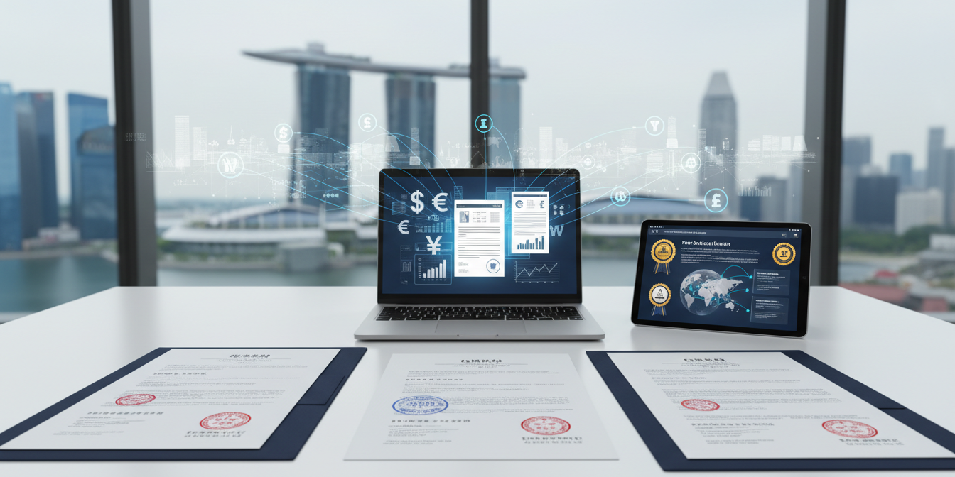 Modern workspace with tax documents, currency symbols on laptop, global network overlay.