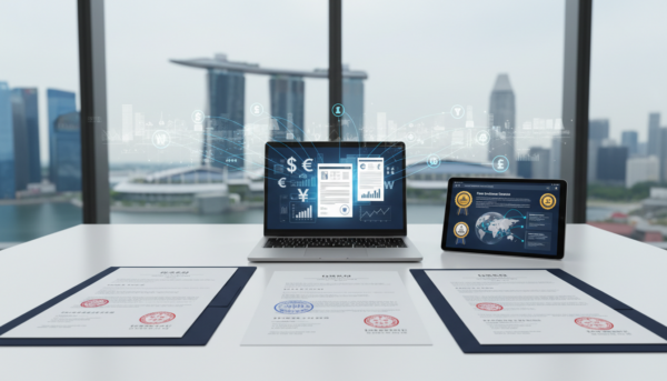 Modern workspace with tax documents, currency symbols on laptop, global network overlay.