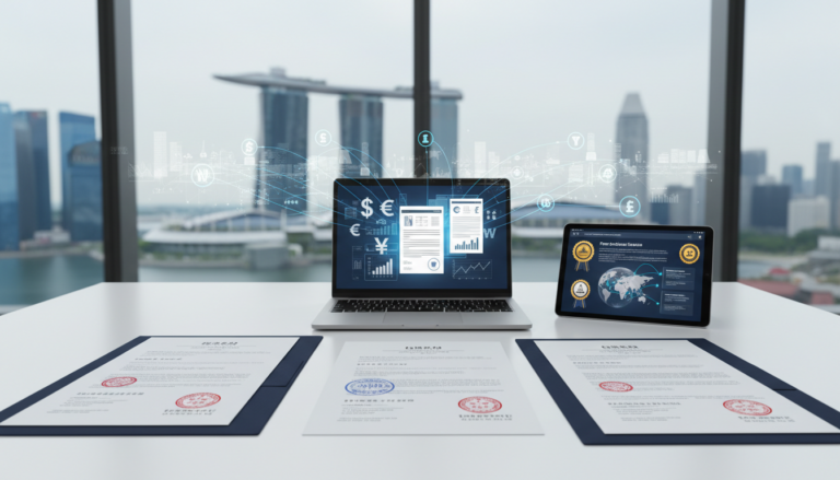 Modern workspace with tax documents, currency symbols on laptop, global network overlay.