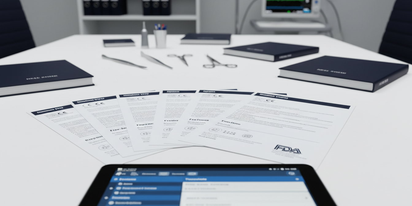 Multilingual medical documents on desk, surgical tools, tablet with translation software.