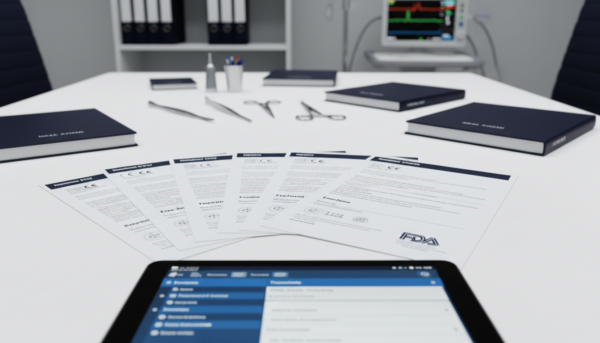 Multilingual medical documents on desk, surgical tools, tablet with translation software.