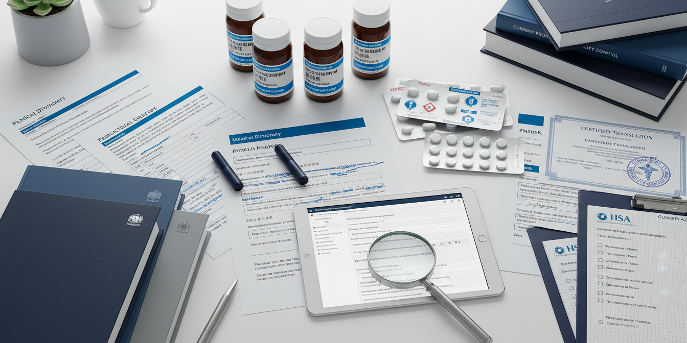 Multilingual pharmaceutical translation workspace with documents, tablets, and medication bottles. Multilingual pharmaceutical translation workspace with documents, tablets, and medication bottles.