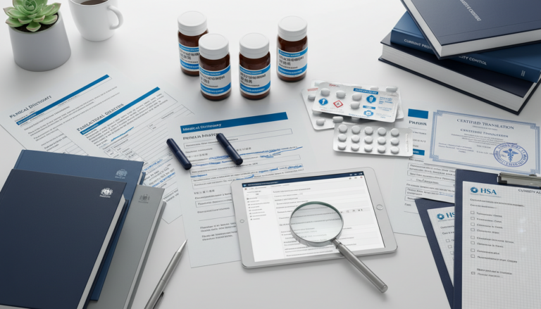 Multilingual pharmaceutical translation workspace with documents, tablets, and medication bottles.