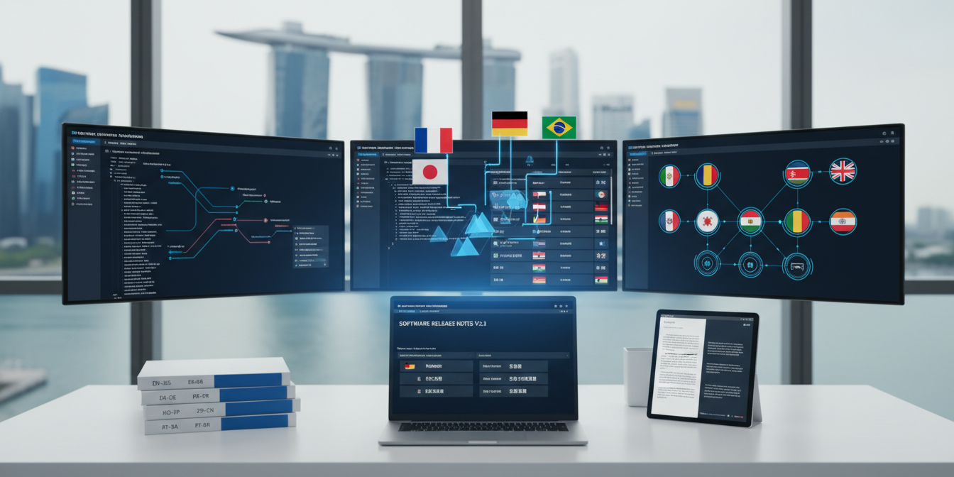 Multilingual software release notes on a modern desk with translation tools, Singapore office view.