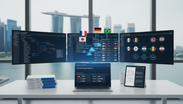 Multilingual software release notes on a modern desk with translation tools, Singapore office view.