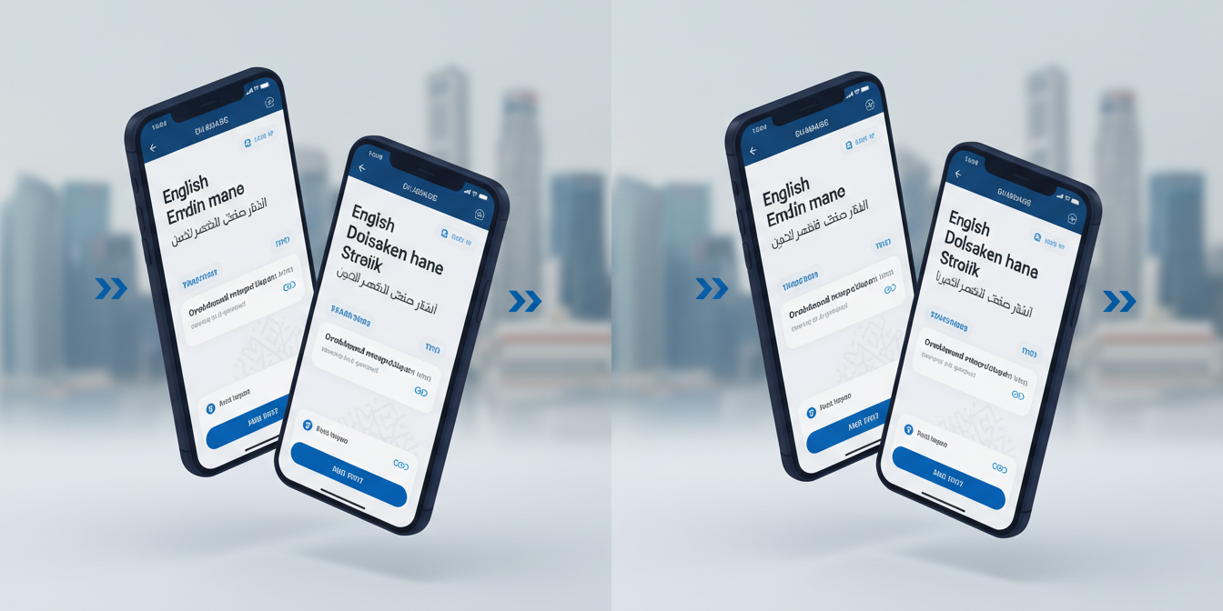 RTL Arabic and English app UI mockup on smartphones, modern design, navy blue frames.