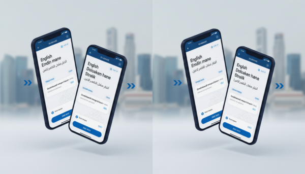 RTL Arabic and English app UI mockup on smartphones, modern design, navy blue frames.