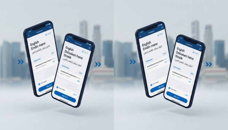 RTL Arabic and English app UI mockup on smartphones, modern design, navy blue frames.