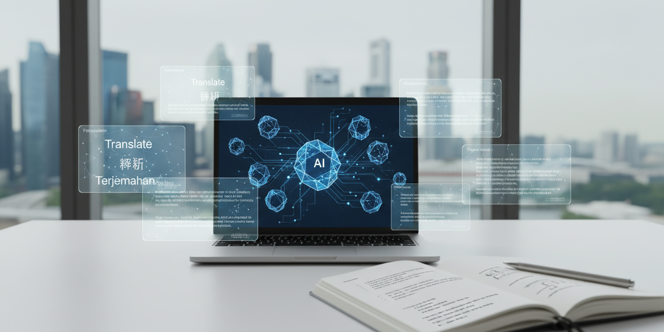 Sleek laptop with neural network visualization, holographic translation interfaces, Singapore skyline.