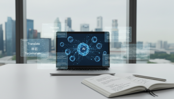 Sleek laptop with neural network visualization, holographic translation interfaces, Singapore skyline.