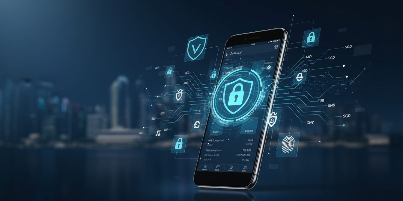 Smartphone with financial app, blue security icons, Marina Bay skyline, fintech theme.