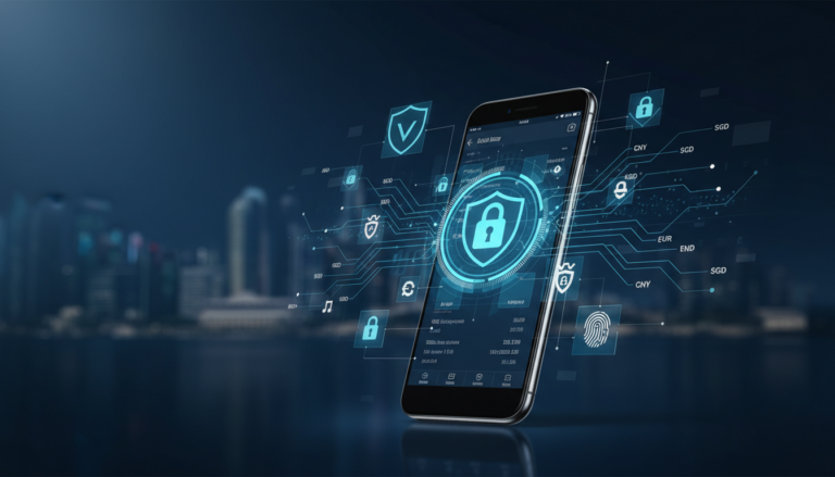 Smartphone with financial app, blue security icons, Marina Bay skyline, fintech theme.