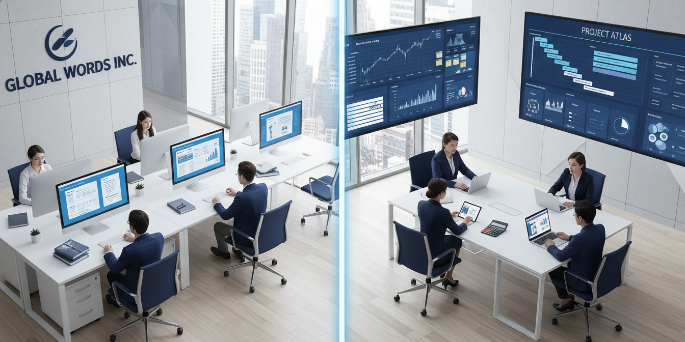 Split-screen office: left, corporate translation team; right, sleek agency workspace.