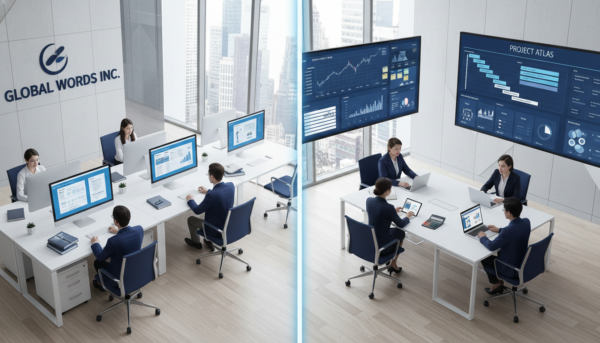 Split-screen office: left, corporate translation team; right, sleek agency workspace.