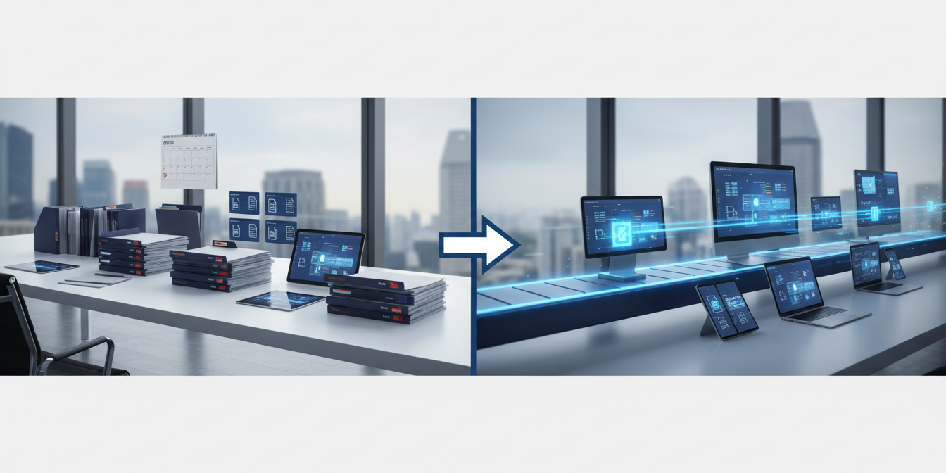 Split-screen: organized document stacks vs seamless digital content flow in a modern office.