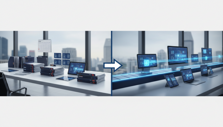 Split-screen: organized document stacks vs seamless digital content flow in a modern office.