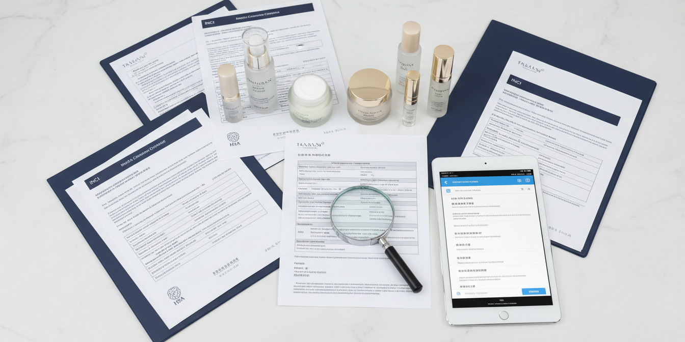 Top view of luxury cosmetics on white lab table with regulatory documents and multilingual labels.