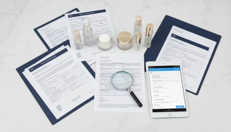 Top view of luxury cosmetics on white lab table with regulatory documents and multilingual labels.