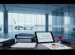 Aviation safety manuals on desk with blurred aircraft view in modern office.