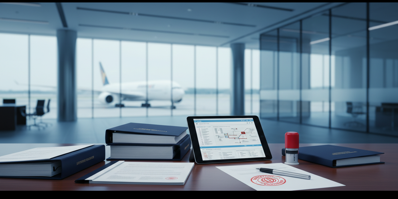 Aviation safety manuals on desk with blurred aircraft view in modern office.