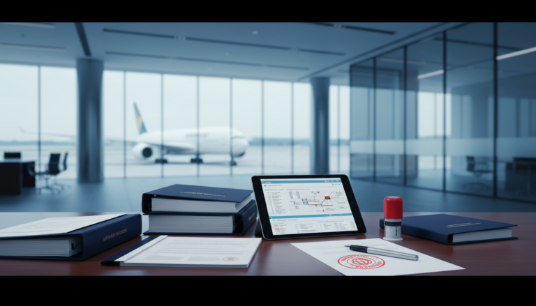 Aviation safety manuals on desk with blurred aircraft view in modern office.