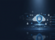 Corporate banner showing digital security shield, cloud network, multilingual scripts on navy blue background.