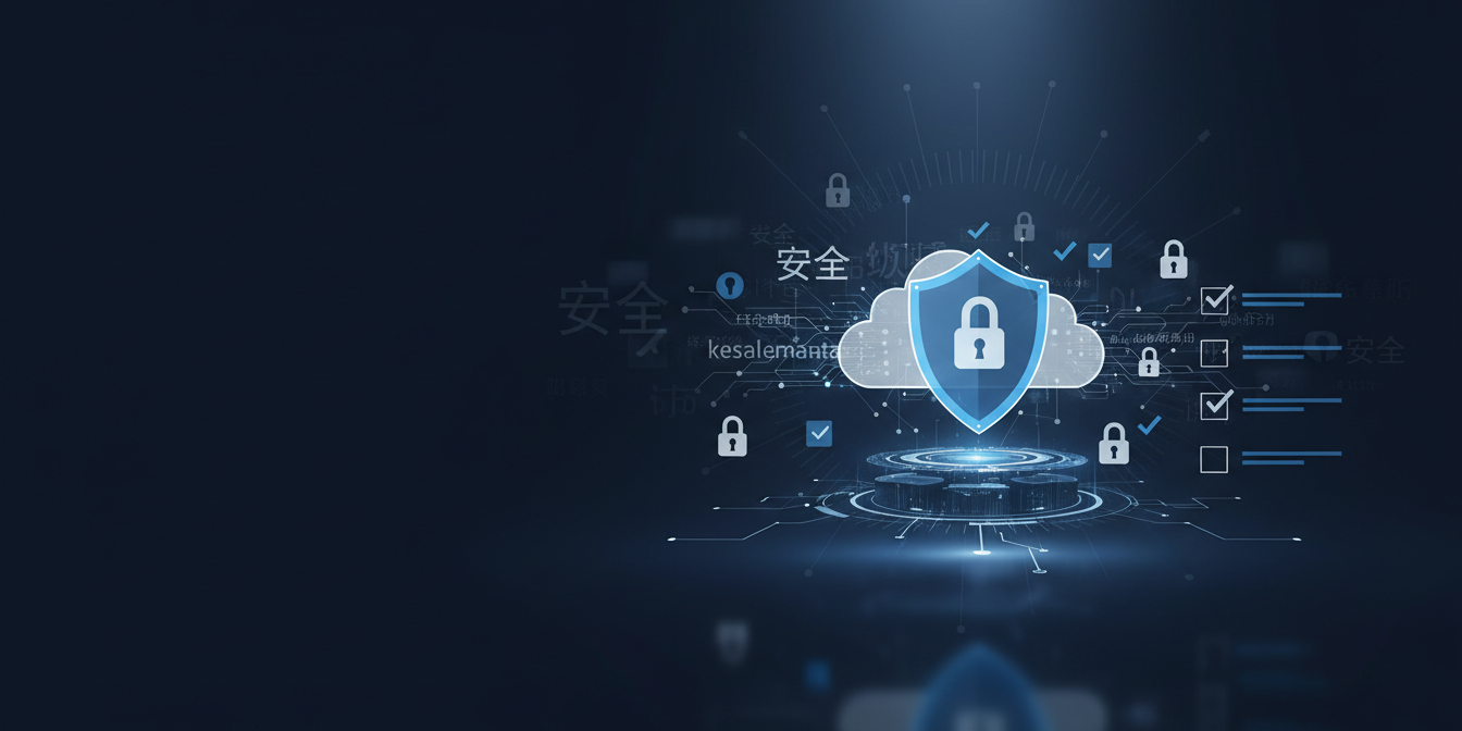 Corporate banner showing digital security shield, cloud network, multilingual scripts on navy blue background.