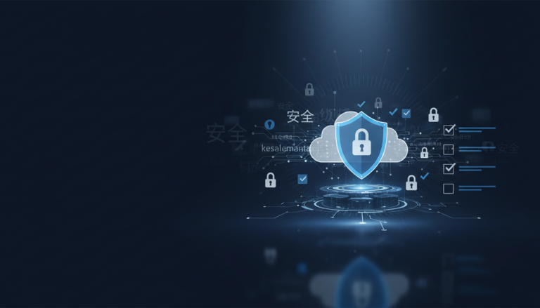 Corporate banner showing digital security shield, cloud network, multilingual scripts on navy blue background.