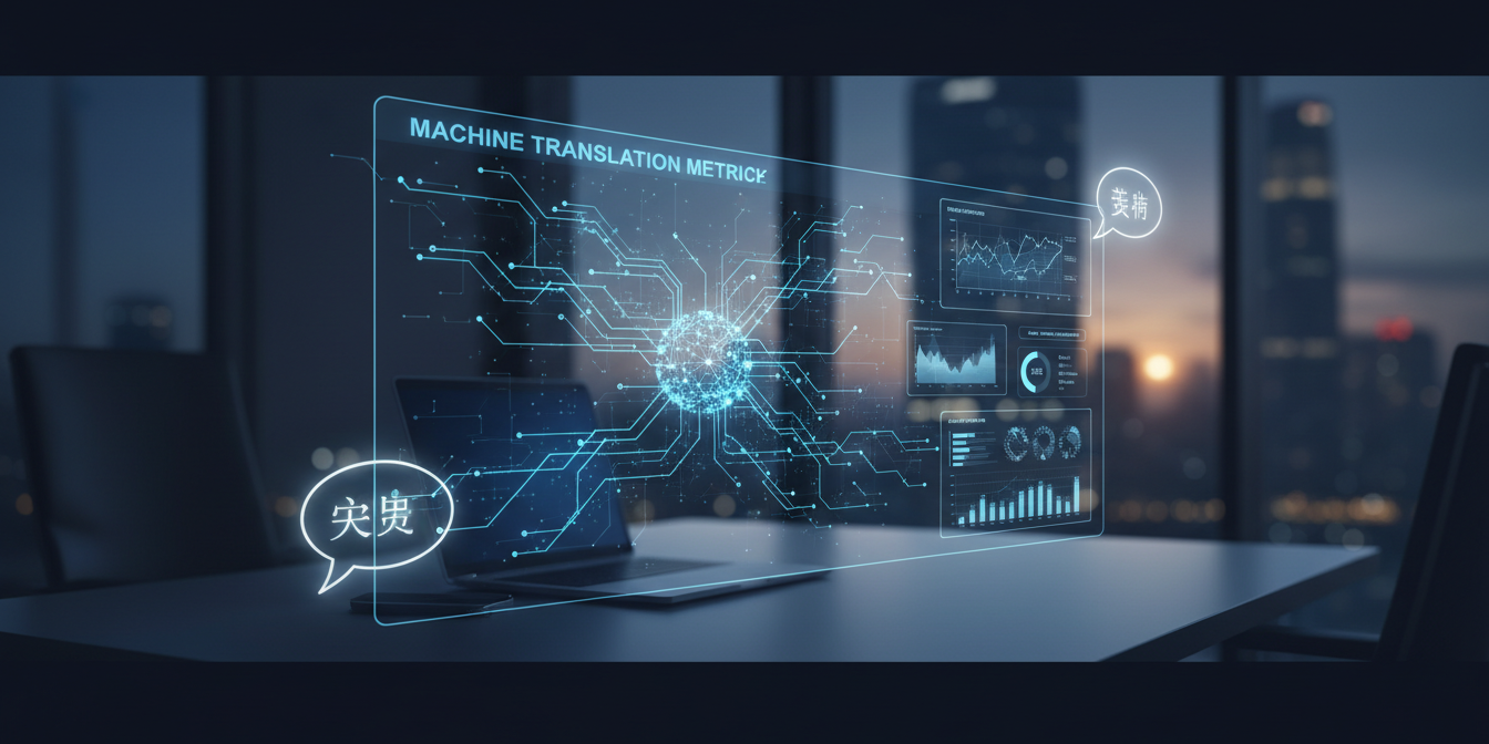 Corporate workspace with glowing holographic data panel, neural network diagram in blue, and abstract metrics, set against a dusk skyline.