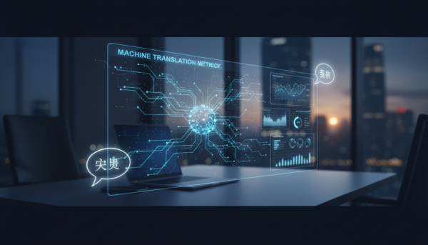 Corporate workspace with glowing holographic data panel, neural network diagram in blue, and abstract metrics, set against a dusk skyline.