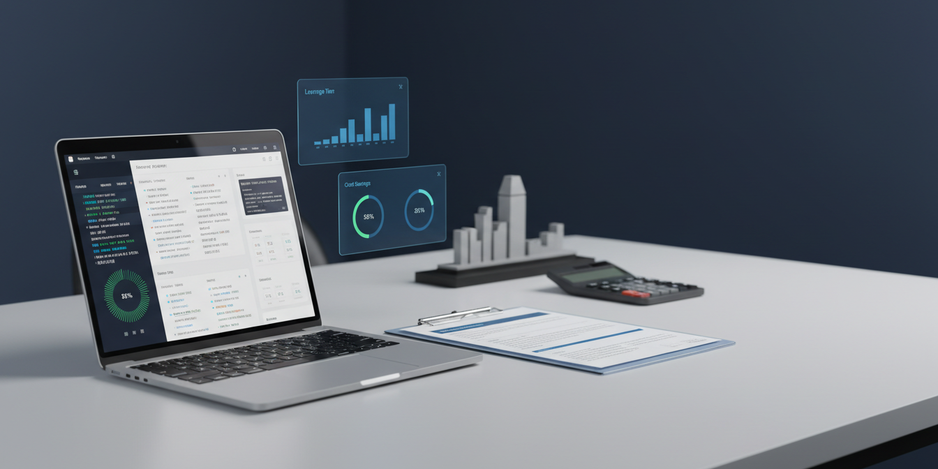 Corporate workspace with laptop showing multilingual analytics, glass clipboard, and Singapore skyline model.