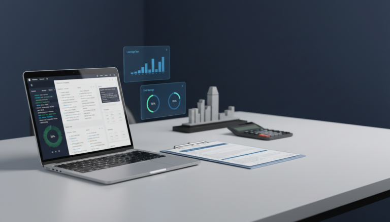 Corporate workspace with laptop showing multilingual analytics, glass clipboard, and Singapore skyline model.