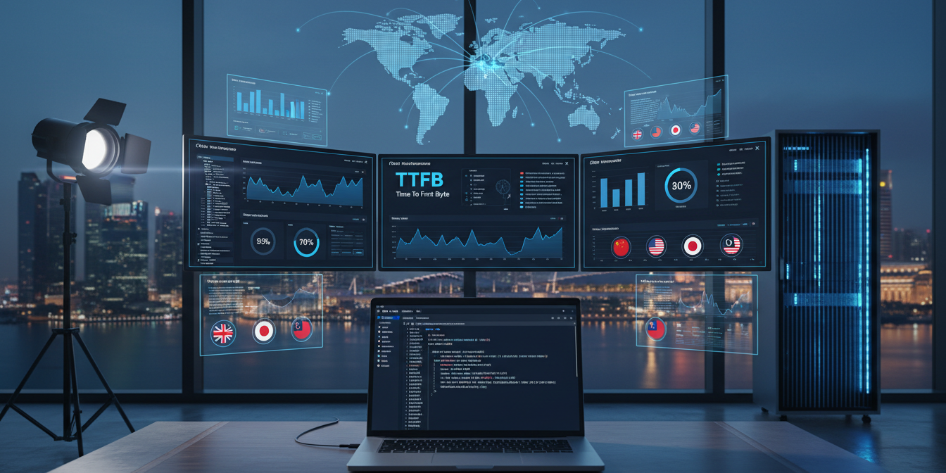 DevOps control center with global dashboards, laptop coding, Singapore skyline, holographic world map.