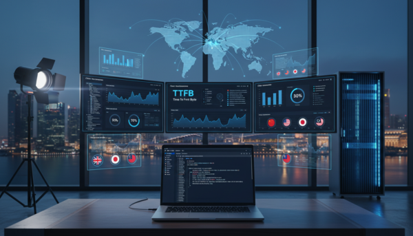 DevOps control center with global dashboards, laptop coding, Singapore skyline, holographic world map.