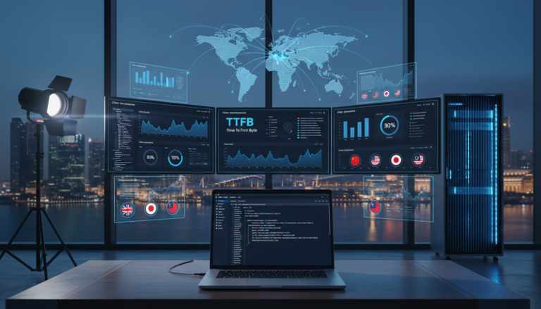 DevOps control center with global dashboards, laptop coding, Singapore skyline, holographic world map.