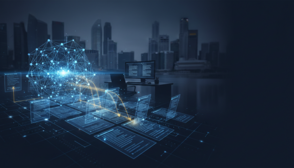 Fusion of AI and translation in a sleek corporate setting, featuring a glowing neural network and multilingual database.