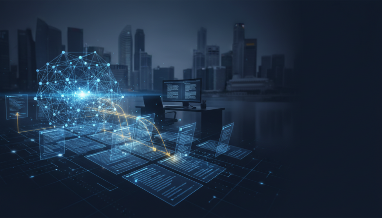 Fusion of AI and translation in a sleek corporate setting, featuring a glowing neural network and multilingual database.