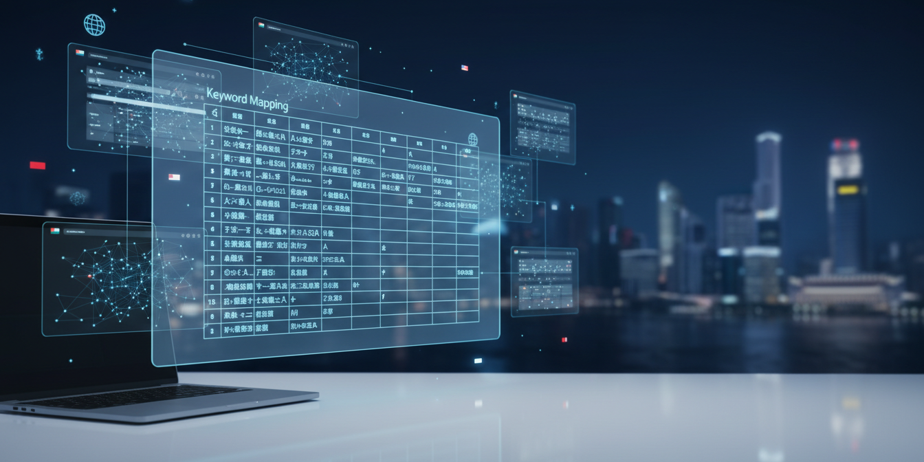 Modern digital workspace with multilingual data screen, holographic web layers, and Singapore skyline.