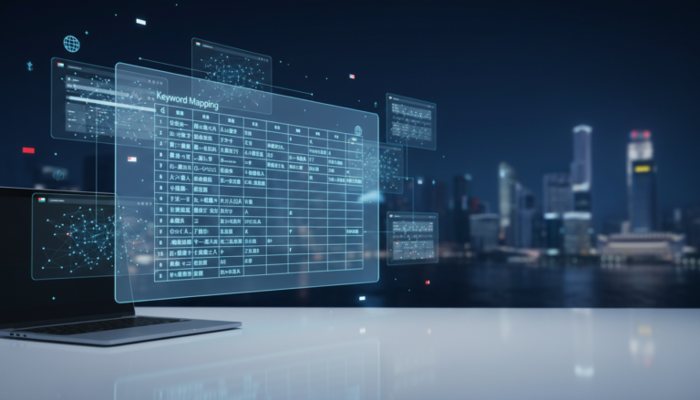 Modern digital workspace with multilingual data screen, holographic web layers, and Singapore skyline.