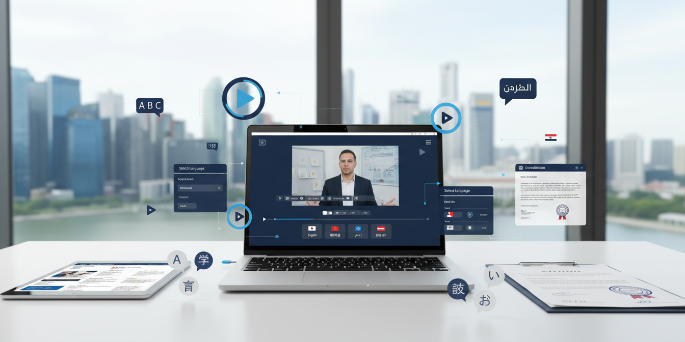 Modern e-learning workspace with laptop, holographic UI, and multilingual elements.