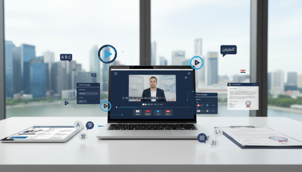 Modern e-learning workspace with laptop, holographic UI, and multilingual elements.